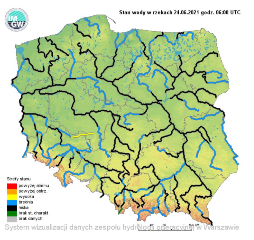 Stan wody w rzekach w dn. 24.06.2021 IMGW PIB