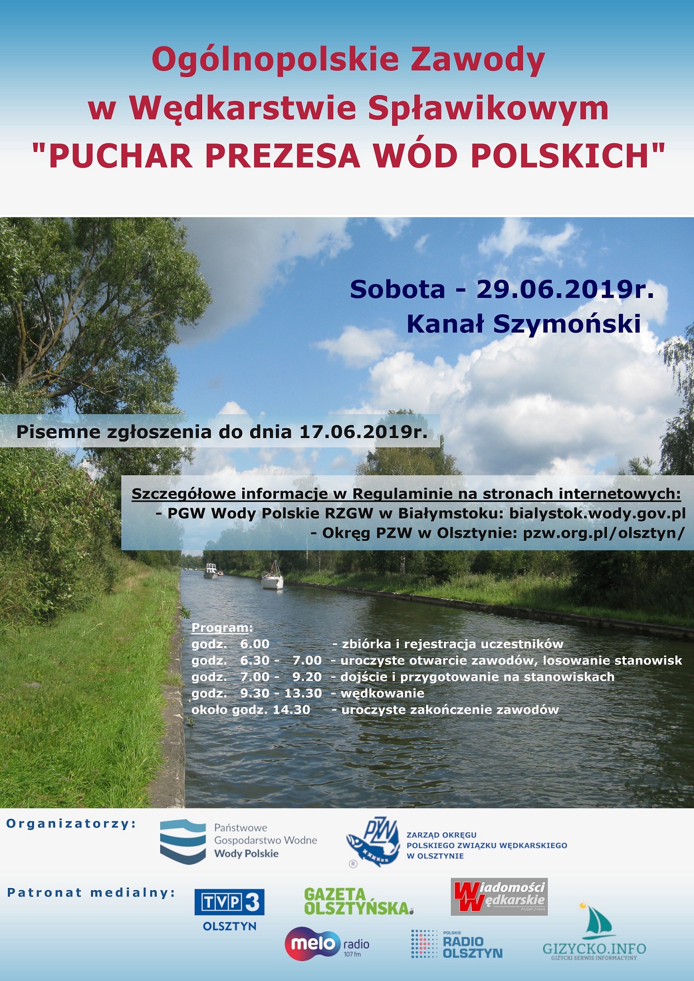 Plakat zawody wędkarskie Puchar Prezesa Wód Polskich 2019